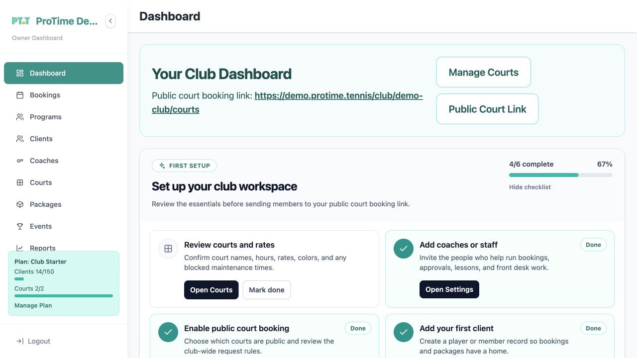 ProTime web dashboard with bookings, clients and revenue for a demo club