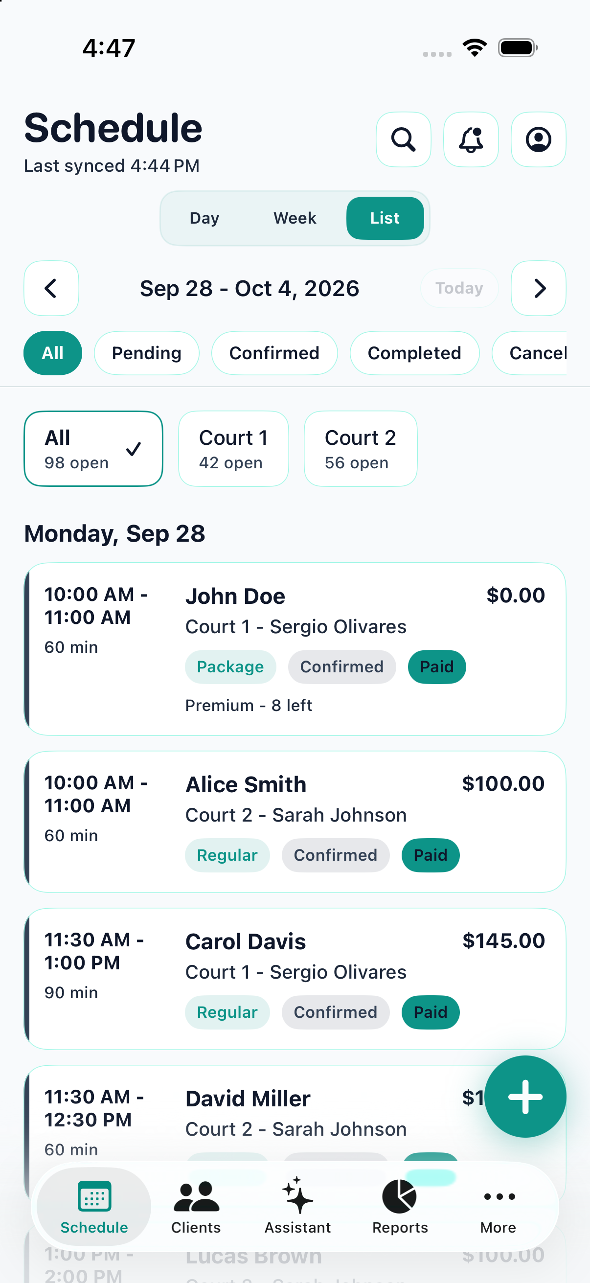 ProTime iPhone schedule in List view showing booked lessons with clients, courts, times and payment status